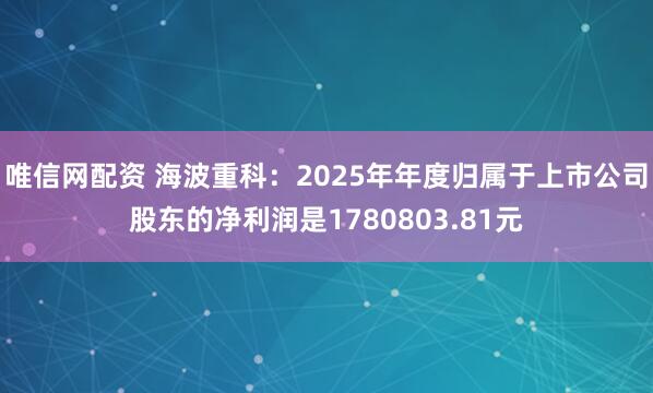 唯信网配资 海波重科：2025年年度归属于上市公司股东的净利润是1780803.81元
